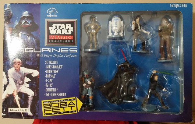 C-3PO DARTH VADER THIS SET FEATURES REMOVABLE STEP PLATFORM HAN SOLO 1995 APPLAUSE STAR WARS CLASSIC COLLECTORS SERIES FIGURINES WITH BESPIN DISPLAY PLATFORM THIS SET INCLUDES LUKE SKYWALKER CHEWBACCA FIGURES CAN STAND S & TWO-STAGE PLATFORM R2-D2