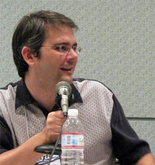 Steven Melching speaking on a panel at the Screenwriting Expo in L.A. in 2008. Melching has written for "The Clone Wars" and "Transformers Prime."