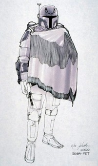 An original sketch by Joe Johnston of Boba Fett in a Western-style cape, circa 1978.