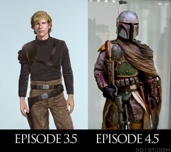 Origin stories for Han Solo and Boba Fett would be between episodes 3, 4, and 5 respectively. Fan made graphic via 501st.com via Chris Bartlette. Designer unknown.