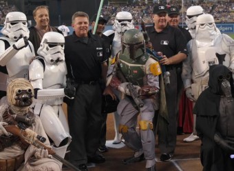 Boba Fett threw the first pitch tonight. Photo Credit: Alex Horwitch / MLB.com Real-Time Correspondent.