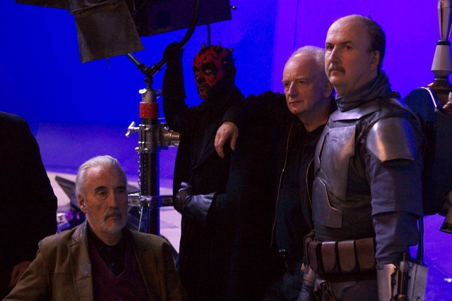 Christopher Lee and Don Bies as Jango Fett for the Vanity Fair "Star Wars: Episode III" Photo Shoot  