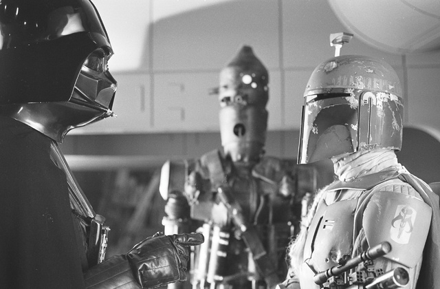 Vintage set photo of Darth Vader and Boba Fett in "Star Wars: The Galaxy's Greatest Villains" (2022)  